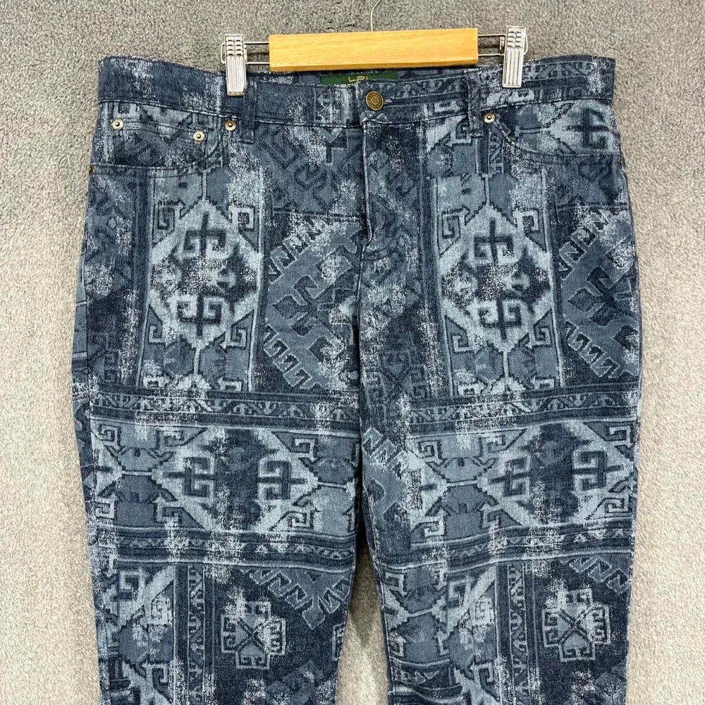 Lauren Ralph Lauren Straight Pants Women 12 Blue Southwestern Tribal Print Denim